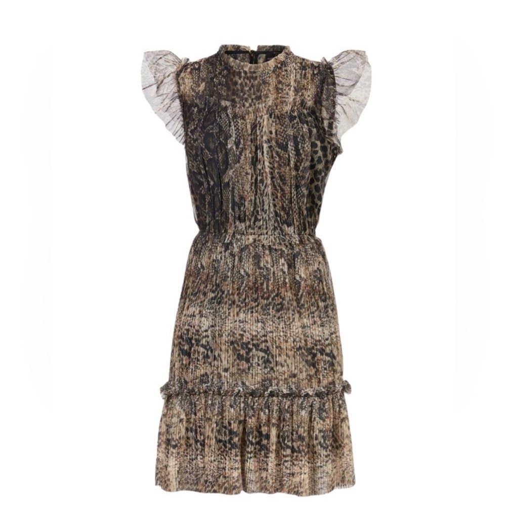 NEW AllSaints Perri Noche Animal Print Cap Sleeve Ruffle Mesh Mini Dress Size 6
